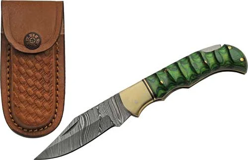 SZCO RITE EDGE 3" GREEN - GROOVED WOOD DAMASCUS LOCKBACK
