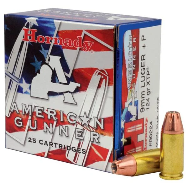 Hornady American Gunner Handgun Ammunition 9mm (+P) Luger 124 gr XTP 1200 fps 25/box