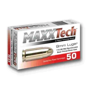 Maxxtech Brass Casefire Handgun Ammunition 9mm Luger 115 gr FMJ 50/ct