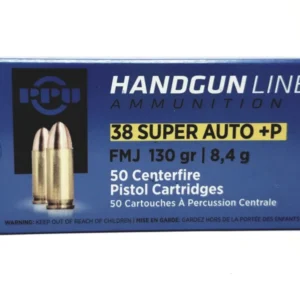 PPU .38 SUPER AUTO FMJ 130GR+P 50RD BOX 10 BOXES PER CASE